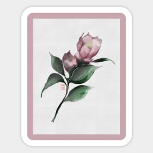 pink watercolor and sumiE camellia Sticker